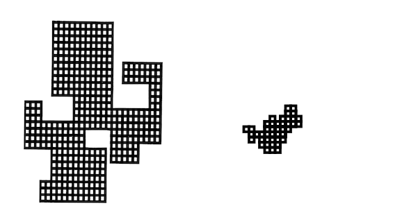 The left hand side shows visual pattern made up of squares with a think black border. On the right is an animated interpretation.