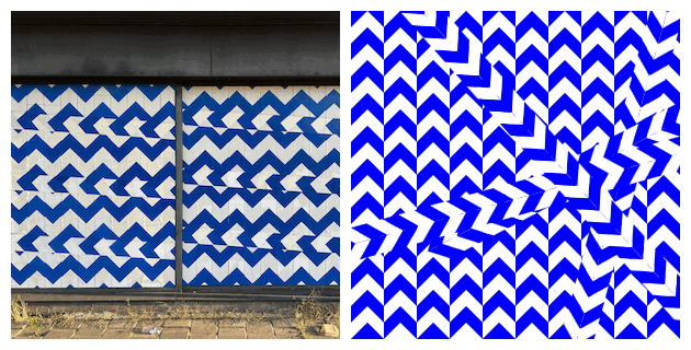 The left hand side shows blue and what caution tape covering a window. On the right an animated gif interpretation of the image, blue and white chevron stripe irregularly crossing over each other