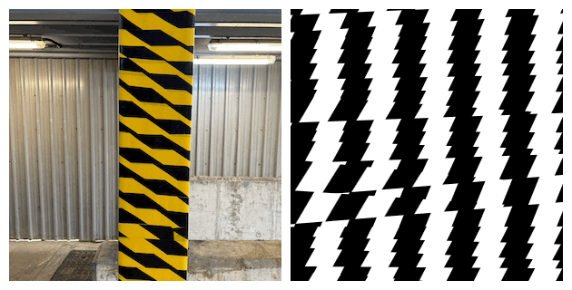 The left hand side shows black and yellow caution taped wrapped around beam in an irregular pattern. On the right an animated gif interpretation of the image