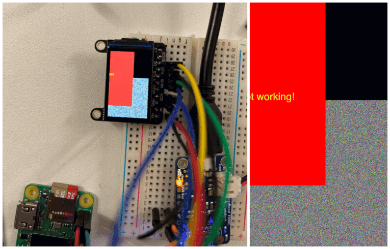 On the left is small screen connected to a breadboard. The image on the screen is a red square over noise. I recreated this in p5.